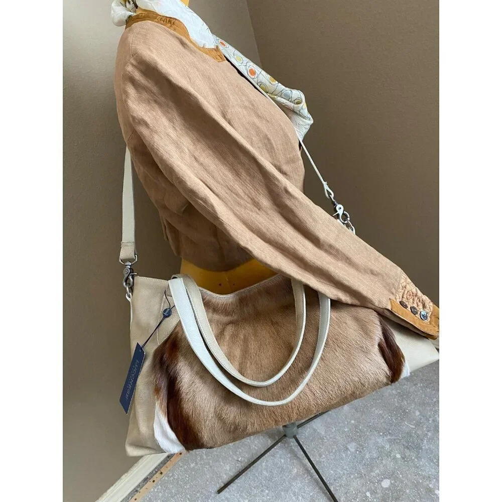 Lucchese Antelope Leather East West Tote Bag Crossbody Marble Ivory Travel Bag - Picture 16 of 16